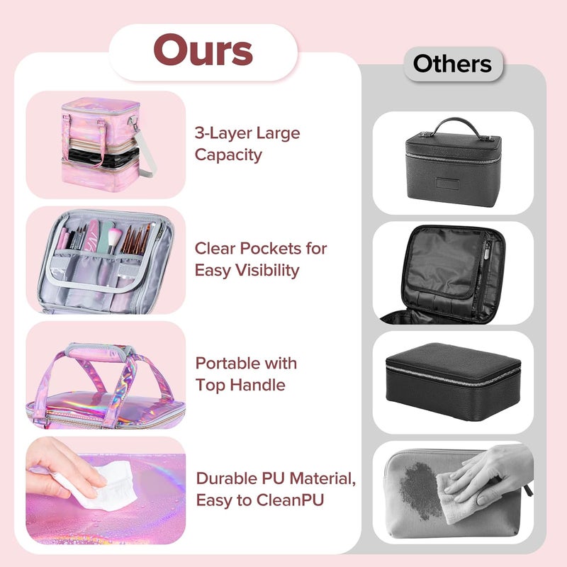 BELOVING Nail Polish Organizer Case, 3 Layers Removable Nail Polish Storage Bag Holds 60 Bottles and Nail Lamp with Shoulder Strap Portable Holographic PU Leather Nail Kit Storage for Manicure Tools (Pink) - Image 4